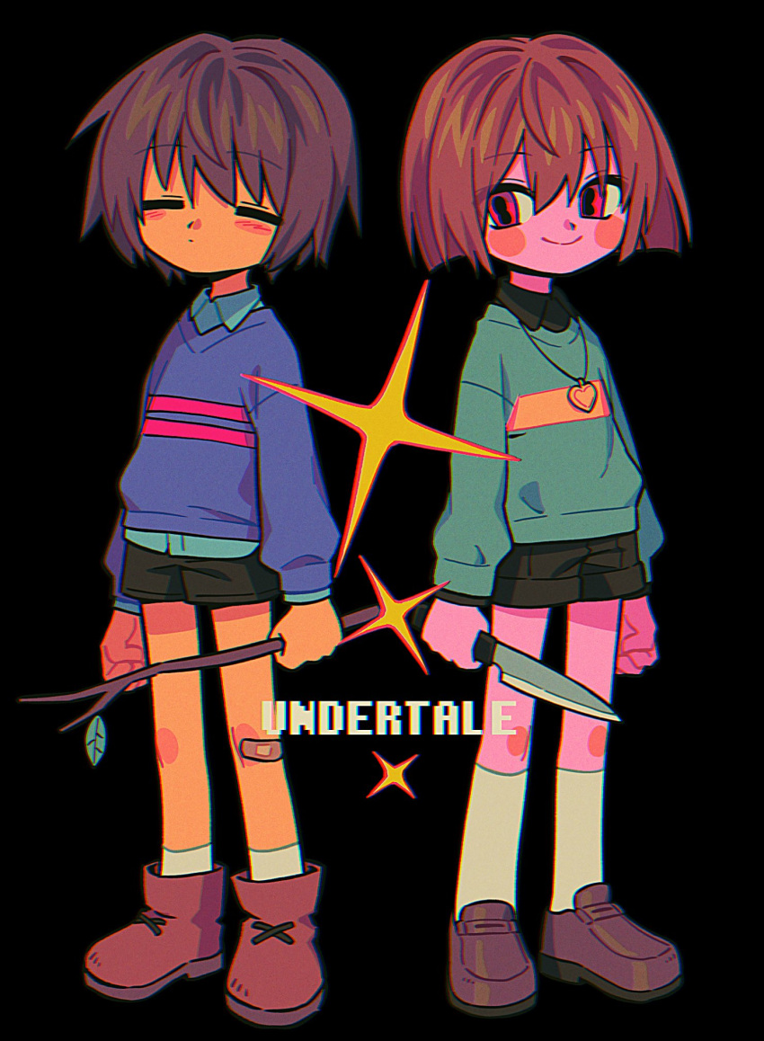 2others black_background black_shirt black_shorts blue_shirt blue_sweater blush_stickers brown_footwear brown_hair chara_(undertale) closed_eyes closed_mouth copyright_name frisk_(undertale) green_sweater heart heart_necklace highres holding holding_knife holding_stick jewelry knife menma_(enaic31) multiple_others necklace red_eyes shirt short_hair shorts simple_background smile socks stick sweater undertale white_socks
