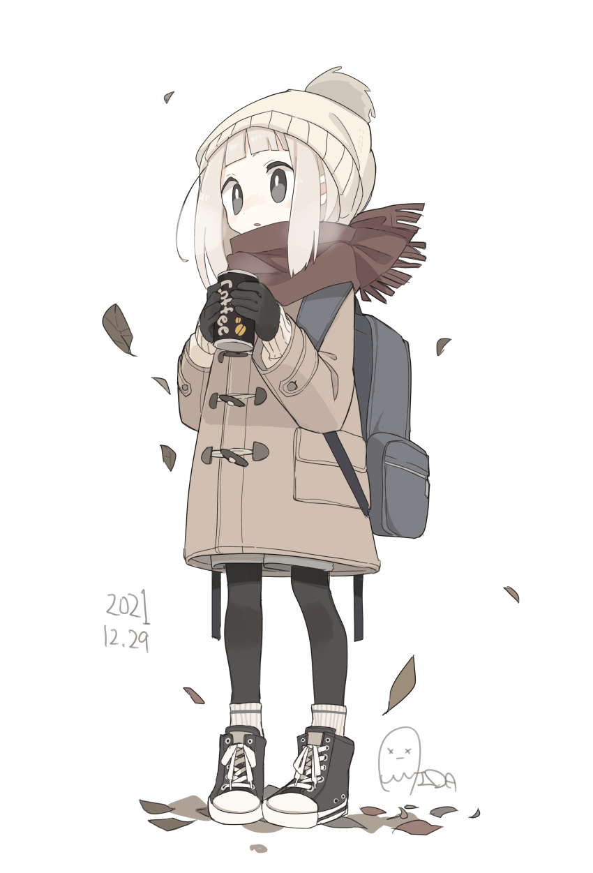 1girl absurdres aida_(aidia) autumn autumn_leaves backpack bag beanie black_bag black_eyes black_footwear black_gloves black_pantyhose blonde_hair blunt_bangs breath bright_pupils brown_coat brown_scarf can canned_coffee coat commentary_request dated drink falling_leaves full_body gloves hat highres holding holding_can holding_drink leaf long_hair long_sleeves looking_ahead original pantyhose parted_lips pigeon-toed pom_pom_(clothes) pom_pom_beanie ribbed_socks scarf shoes shorts signature simple_background socks socks_over_pantyhose solo standing sweater white_background white_headwear white_pupils white_shorts white_socks white_sweater winter_clothes winter_coat
