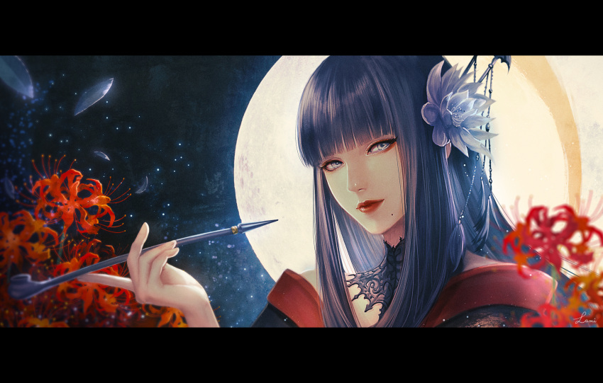 1girl black_collar black_hair black_kimono blunt_bangs collar epiphyllum eyeshadow final_fantasy final_fantasy_xiv flower from_side full_moon grey_eyes hair_flower hair_ornament hair_stick hand_up highres holding holding_smoking_pipe huge_moon hyur japanese_clothes kimono kiseru lace_collar letterboxed light_particles long_hair looking_at_viewer makeup mil4 mole mole_under_mouth moon night night_sky portrait red_eyeshadow red_flower red_lips signature sky smile smoking_pipe solo spider_lily straight_hair white_flower yotsuyu_goe_brutus