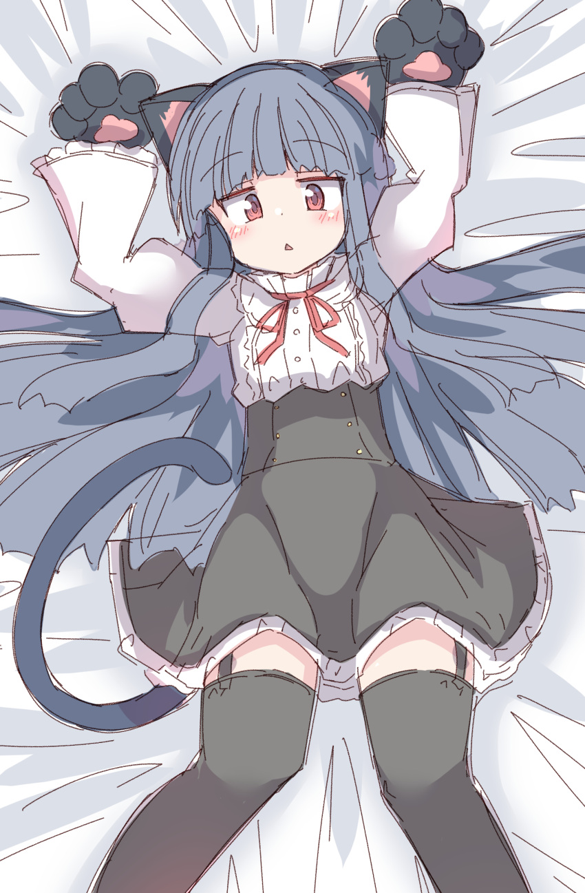 1girl :&lt; absurdres animal_ears animal_hands arms_up bed_sheet black_gloves black_hair black_hairband black_skirt black_thighhighs blush cat_ears cat_tail commentary_request fake_animal_ears feet_out_of_frame frilled_skirt frills garter_straps gloves hairband highres idolmaster idolmaster_cinderella_girls idolmaster_cinderella_girls_starlight_stage juliet_sleeves long_hair long_sleeves looking_at_viewer lying neck_ribbon on_back parted_lips paw_gloves puffy_sleeves red_eyes red_ribbon ribbon sajo_yukimi shirt sketch skirt solo tail thigh-highs triangle_mouth umberblack very_long_hair white_shirt