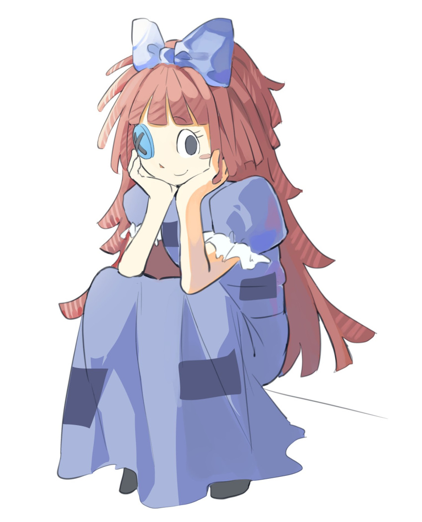 1girl black_eyes black_footwear blue_bow blue_dress blush_stickers bow button_eyes closed_mouth commentary_request dress full_body gumago76 hair_bow hands_on_own_chin head_rest highres korean_commentary long_hair patch puffy_short_sleeves puffy_sleeves ragatha_(the_amazing_digital_circus) short_sleeves simple_background sitting smile solo the_amazing_digital_circus triangle_nose white_background