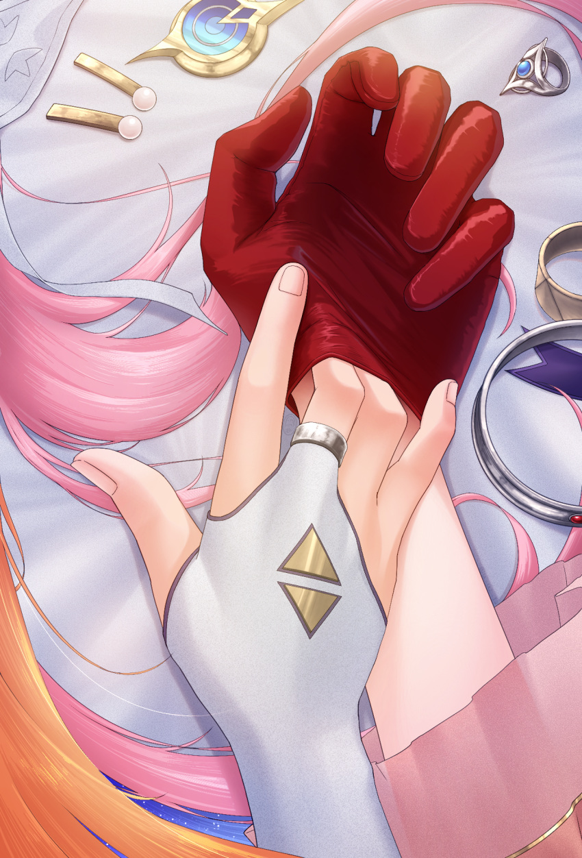 2girls blue_hair bridal_gauntlets colored_inner_hair commentary denia_(wuthering_waves) finger_in_glove gloves hand_focus highres long_hair multicolored_hair multiple_girls orange_hair pink_hair red_gloves sigrika_(wuthering_waves) u_u2_12 untranslatable_commentary unworn_bracelet unworn_ring white_bridal_gauntlets wuthering_waves yuri