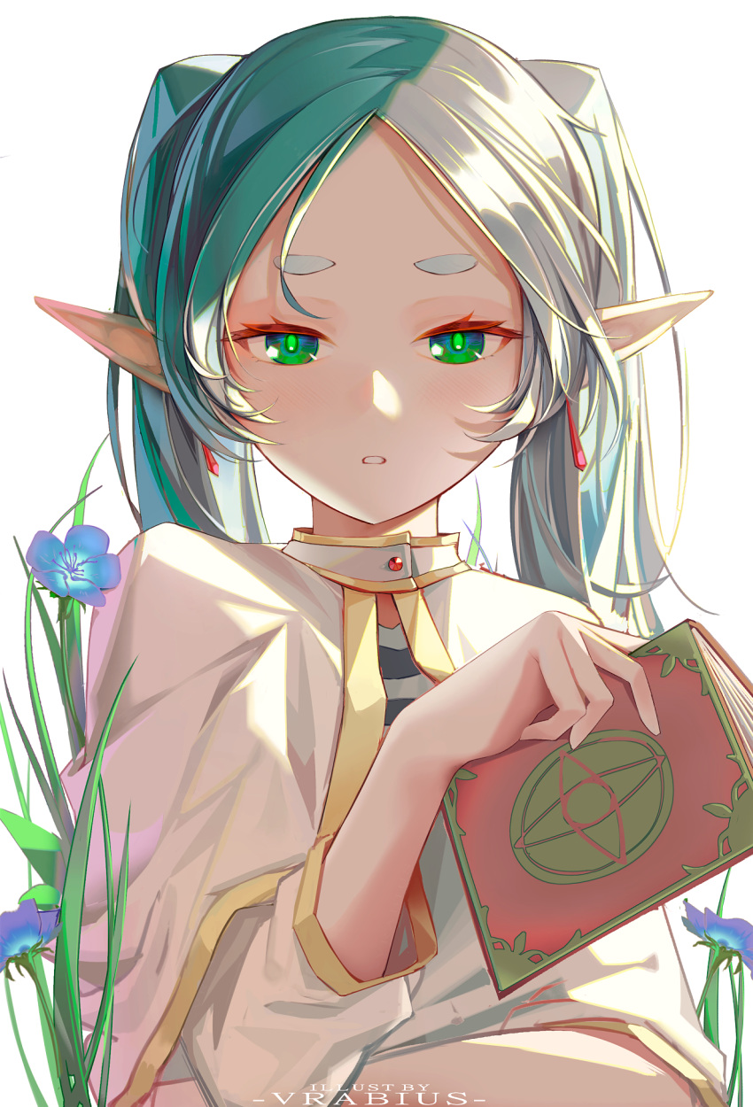 1girl artist_name blue_flower book capelet clip_studio_paint_(medium) commentary dangle_earrings earrings elf english_commentary expressionless flower frieren gold_trim green_eyes grey_hair highres holding holding_book jewelry long_hair looking_at_viewer parted_bangs parted_lips pointy_ears shirt simple_background solo sousou_no_frieren striped striped_shirt thick_eyebrows twintails upper_body vrabius white_background white_capelet