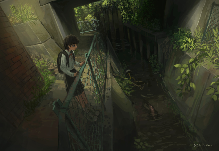 1girl absurdres anko1127 artist_name backpack bag black_eyes black_hair black_skirt building canal chain-link_fence collared_shirt fence fish highres long_sleeves original outdoors scenery shirt short_hair skirt solo tiptoes water white_shirt