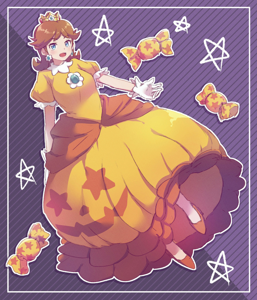 1girl absurdres blue_eyes brown_hair candy commentary_request dress earrings flipped_hair flower_earrings food full_body highres jack-o'-lantern_print jewelry long_hair misowhite orange_dress orange_footwear princess_daisy solo star_(symbol) striped striped_background super_mario_bros.