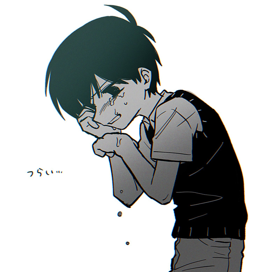 1boy collared_shirt crying from_side highres male_focus menma_(enaic31) monochrome omori omori_(omori) pants shirt short_hair short_sleeves simple_background solo sweater_vest tears translation_request white_background