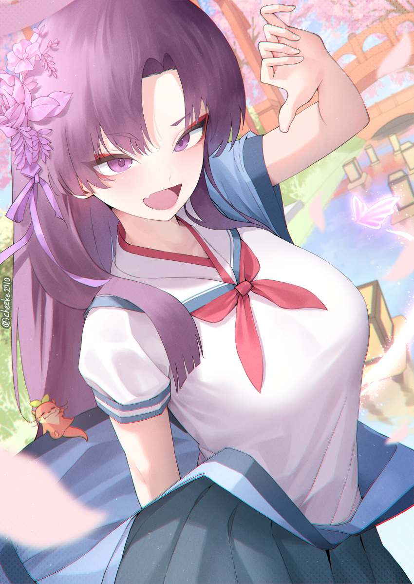 1girl absurdres blue_archive blurry blush breasts bug butterfly chee_ke cherry_blossoms depth_of_field falling_petals fang flower glowing_butterfly hair_flower hair_ornament haori highres japanese_clothes large_breasts looking_at_viewer neckerchief outdoors parted_bangs petals pink_butterfly purple_hair red_eyes red_neckerchief school_uniform serafuku shirt short_sleeves skin_fang smile solo violet_eyes white_shirt yukari_(blue_archive)