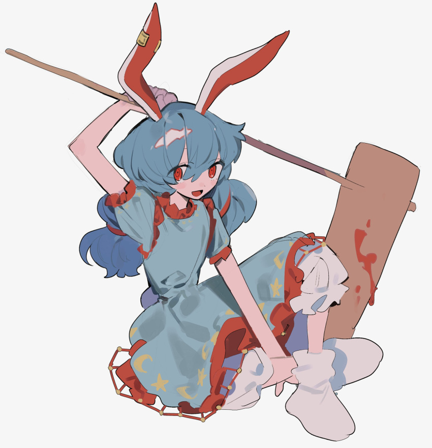 1girl :d ambiguous_red_liquid animal_ears arm_up bloomers blue_dress blue_hair crescent_print dress earclip flat_chest full_body furuuchi grey_background hair_between_eyes highres kine long_bangs long_hair looking_at_viewer mallet no_shoes open_mouth print_dress rabbit_ears rabbit_girl rabbit_tail red_eyes seiran_(touhou) simple_background sitting smile socks solo star_(symbol) star_print tail touhou white_socks