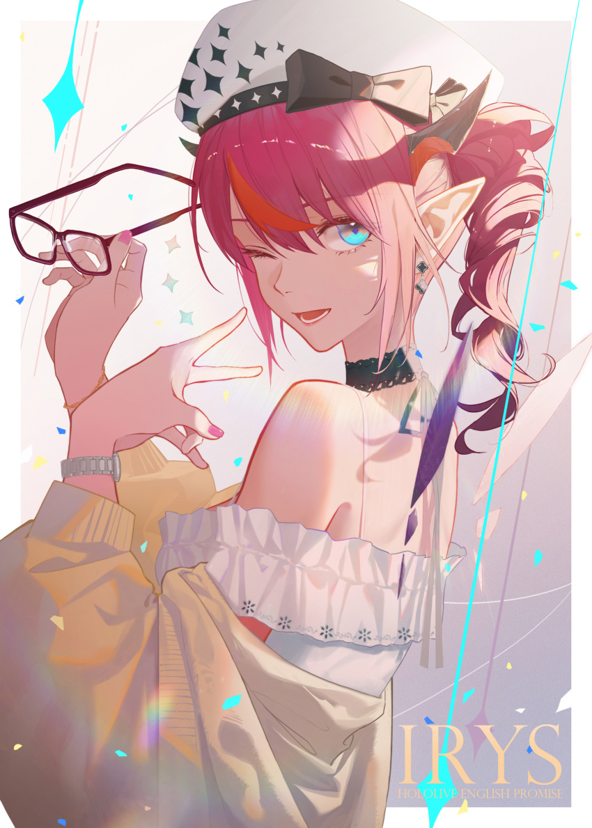 1girl blue_eyes breasts detached_collar dress earrings glasses highres hololive hololive_english horns irys_(casualrys)_(hololive) irys_(hololive) jewelry medium_hair multicolored_hair nail_polish official_alternate_costume one_eye_closed pink_eyes pink_nails pointy_ears purple_hair redhead reirz smile v virtual_youtuber watch watch