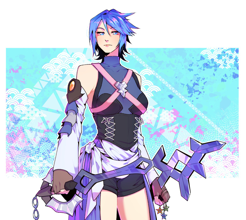 1girl 2023 absurdres aqua_(kingdom_hearts) blue_eyes blue_hair brown_gloves corset cowboy_shot detached_sleeves fingerless_gloves gloves highres holding holding_weapon keyblade kingdom_hearts kiyomi_des looking_at_viewer short_hair shorts solo standing weapon