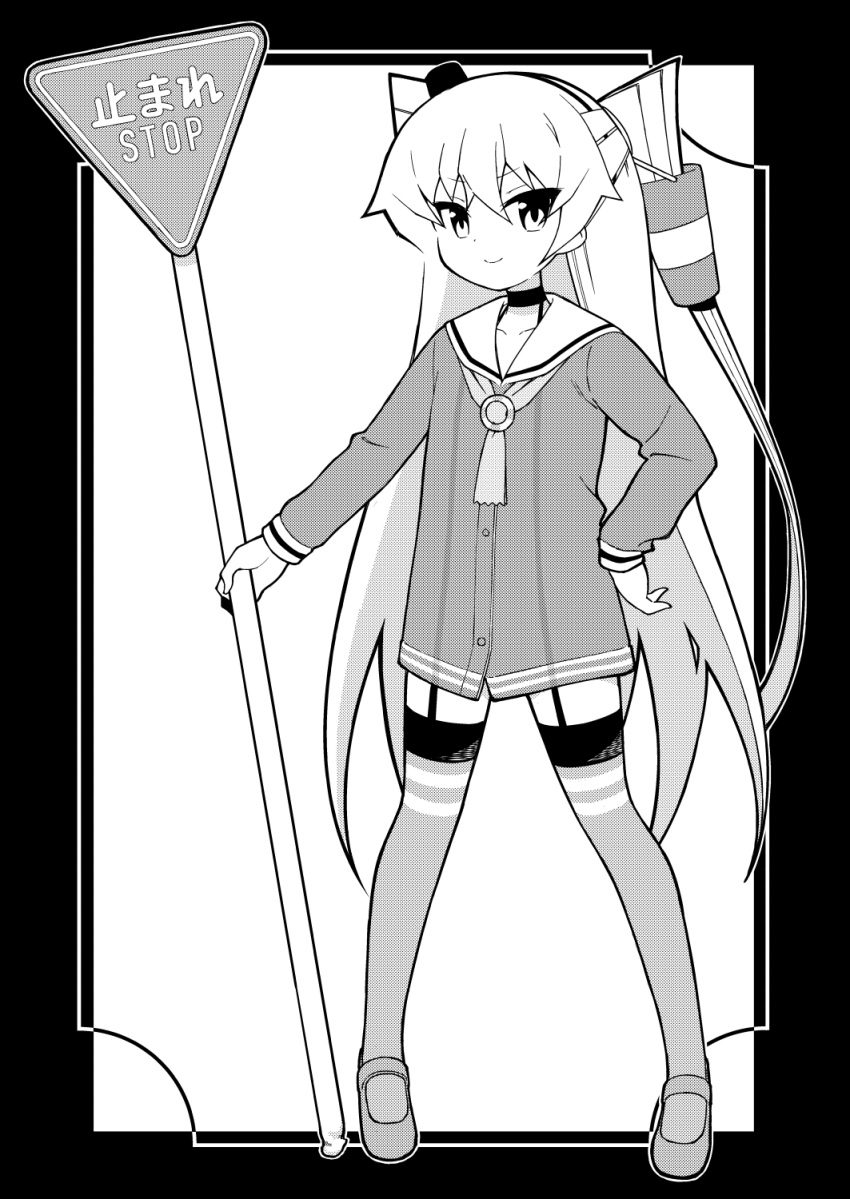1girl amatsukaze_(kancolle) ataru_(ataru-littlebird) commentary_request dress full_body garter_straps greyscale hair_tubes hand_on_own_hip hat highres kantai_collection lifebuoy_ornament looking_at_viewer mini_hat monochrome neckerchief road_sign sailor_collar sailor_dress sign smile smokestack_hair_ornament solo standing stop_sign striped striped_thighhighs thigh-highs two_side_up