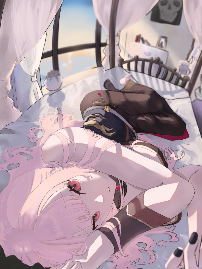 astral_promax bed black_nightgown curtains full_body highres hololive hololive_english looking_at_viewer lying mori_calliope mori_calliope_(1st_costume) nightgown on_side pink_hair red_eyes sky virtual_youtuber window