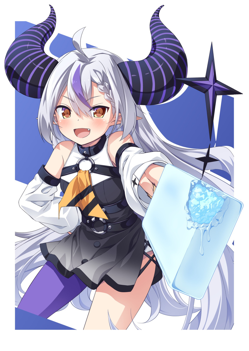 1girl absurdres ahoge ascot bare_shoulders black_horns braid braided_bangs detached_sleeves fang food grey_hair highres hololive horns la+_darknesss la+_darknesss_(1st_costume) long_hair multicolored_hair pointy_ears popsicle purple_hair purple_thighhighs single_thighhigh streaked_hair striped_horns thigh-highs ugume virtual_youtuber yellow_ascot