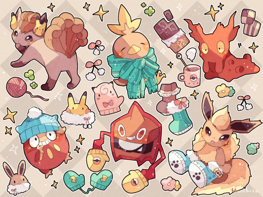 animal_focus argyle argyle_background artist_name beanie boots brown_fur candy chocolate chocolate_bar clefairy closed_eyes coffee coffee_mug commentary_request cup darumaka dot_nose eevee flareon flower food green_flower green_mittens green_scarf grin hanabusaoekaki hat highres mittens mug multiple_tails no_humans open_mouth pikachu pink_flower pink_mittens pokemon pokemon_(creature) rotom rotom_(heat) scarf slugma smile solid_oval_eyes sparkle tail teeth torchic vulpix yarn yellow_eyes yellow_flower yellow_mittens