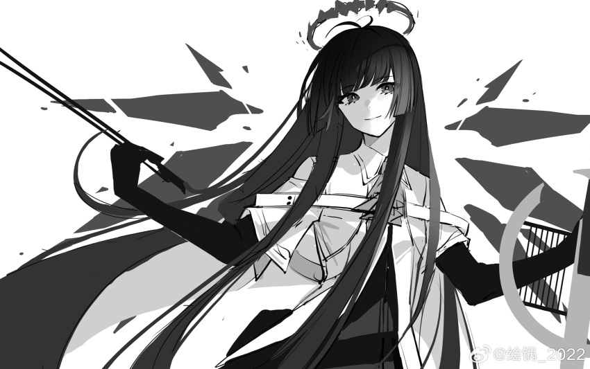 1girl antenna_hair arknights artist_name ascot belt belt_buckle blunt_bangs bow_(music) breasts broken_halo buckle bustier cello chinese_commentary chinese_text closed_mouth collared_jacket commentary_request cowboy_shot dark_halo detached_wings dress_shirt elbow_gloves energy_wings gloves greyscale halo hands_up head_tilt highres hime_cut holding holding_bow_(music) holding_instrument holding_violin instrument jacket layered_sleeves light_smile long_hair long_sleeves looking_at_viewer monochrome shirt short_over_long_sleeves short_sleeved_jacket short_sleeves sidelocks simple_background skirt solo very_long_hair violin virtuosa_(arknights) watermark weibo_5895896501 weibo_logo weibo_username wide_sleeves wing_collar wings