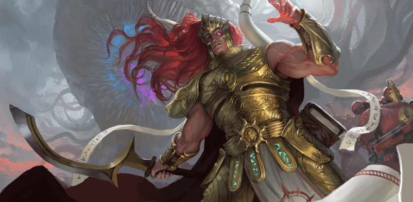 3boys absurdres armor blade_of_ahn_nunurta breastplate cape colored_skin full_armor gauntlets glowing gold_armor highres holding holding_weapon horns long_hair magnus_the_red multiple_boys one-eyed ornate ornate_armor ornate_weapon pauldrons polearm power_armor primarch red_armor red_skin redhead shoulder_armor sundowning thousand_sons warhammer_40k weapon