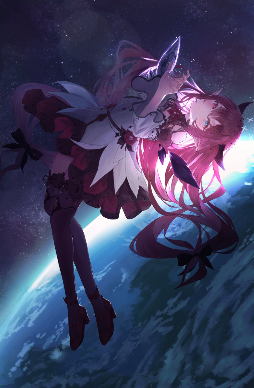 absurdres blue_eyes bow detached_collar dress earth_(planet) flower full_body hair_bow halo heterochromia high_heels highres hololive hololive_english horns irys_(hololive) irys_(irys_2.0)_(hololive) long_hair official_alternate_costume pink_eyes planet pointy_ears purple_hair red_flower red_footwear shoes siruru0503 space thigh-highs virtual_youtuber