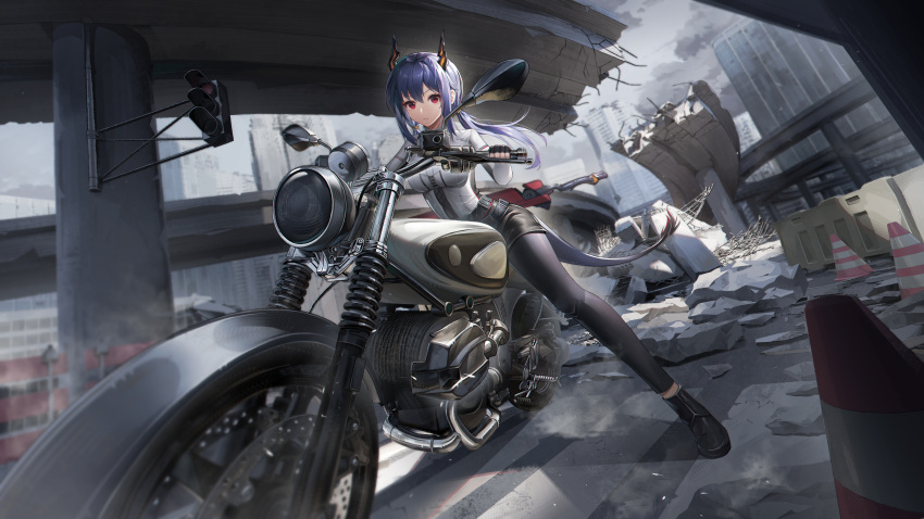 1girl absurdres arknights black_footwear black_gloves black_shorts blue_hair blue_leggings bridge building ch'en_(arknights) closed_mouth clouds english_commentary fingerless_gloves gloves highres horns leggings long_hair looking_at_viewer motor_vehicle motorcycle on_motorcycle outdoors red_eyes shirt shoes shorts sitting solo traffic_cone traffic_light wa_(user_snch2757) white_shirt