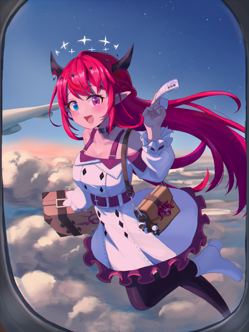 absurdres alternate_costume bag blue_eyes boots breasts briefcase detached_collar dress halo handbag heterochromia highres holding_ticket hololive hololive_english horns irys_(hololive) liuzhi long_hair multicolored_hair pink_eyes pointy_ears purple_hair red_eyes redhead shoes sky smile star_(sky) starry_sky ticket virtual_youtuber white_footwear