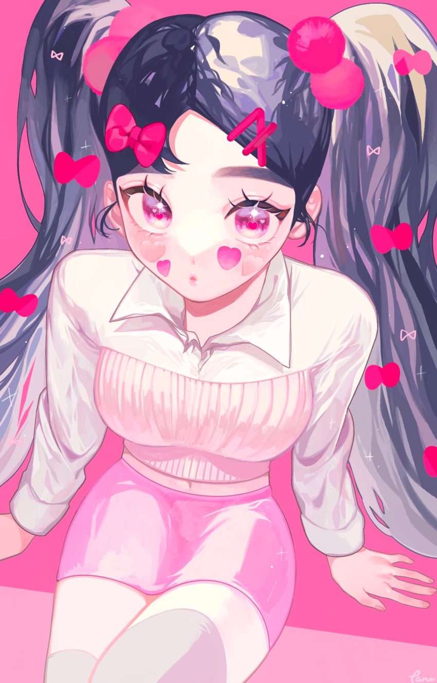 1girl :o black_hair bow eyelashes glint hair_bow hair_ornament heart_stickers highres leaning long_hair long_sleeves looking_at_viewer midriff_peek miniskirt moon_oo8 multiple_hair_bows navel original pink_background pink_bow pink_eyes pink_lips pink_skirt polo_shirt pom_pom_(clothes) ribbed_shirt shirt sitting skirt solo sparkling_eyes sticker_on_face thigh-highs twintails very_long_hair white_shirt wing_collar x_hair_ornament