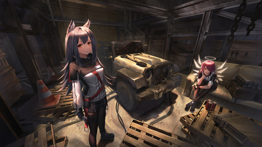 2girls animal_ears arknights black_footwear black_gloves black_pantyhose black_shorts blue_hair brown_pantyhose can car chain english_commentary exusiai_(arknights) fingerless_gloves gloves hair_over_one_eye halo head_rest highres indoors long_hair looking_at_viewer motor_vehicle multiple_girls one_eye_covered orange_hair pantyhose red_eyes redhead shirt shoes short_hair short_sleeves shorts sitting standing texas_(arknights) traffic_cone wa_(user_snch2757) white_shirt wings