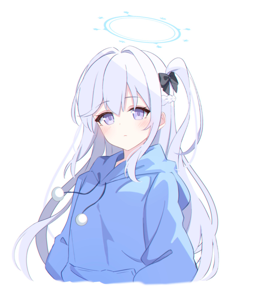 1girl blue_archive blue_halo blue_hoodie blush braid closed_mouth foulo_paints grey_hair hair_between_eyes halo highres hood hoodie long_hair long_sleeves looking_at_viewer miyako_(blue_archive) one_side_up simple_background solo upper_body violet_eyes white_background