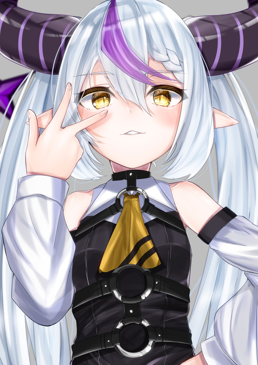 1girl absurdres alternate_hairstyle ascot bare_shoulders black_horns braid braided_bangs detached_sleeves grey_hair highres hololive horns jastiment la+_darknesss la+_darknesss_(1st_costume) multicolored_hair pointy_ears purple_hair streaked_hair striped_horns twintails virtual_youtuber yellow_ascot yellow_eyes