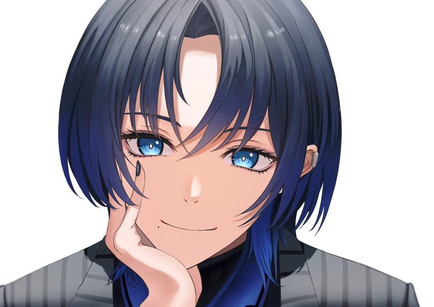 1girl absurdres androgynous blue_eyes blue_hair blue_shirt close-up grey_jacket hand_on_own_cheek hand_on_own_face highres hiodoshi_ao hololive hololive_dev_is jacket looking_at_viewer medium_hair mole mole_under_mouth parted_bangs pinstripe_jacket pinstripe_pattern reverse_trap seductive_smile shirt simple_background smile solo striped striped_jacket striped_suit suit tsumu_44 upper_body vertical-striped_jacket vertical_stripes virtual_youtuber white_background