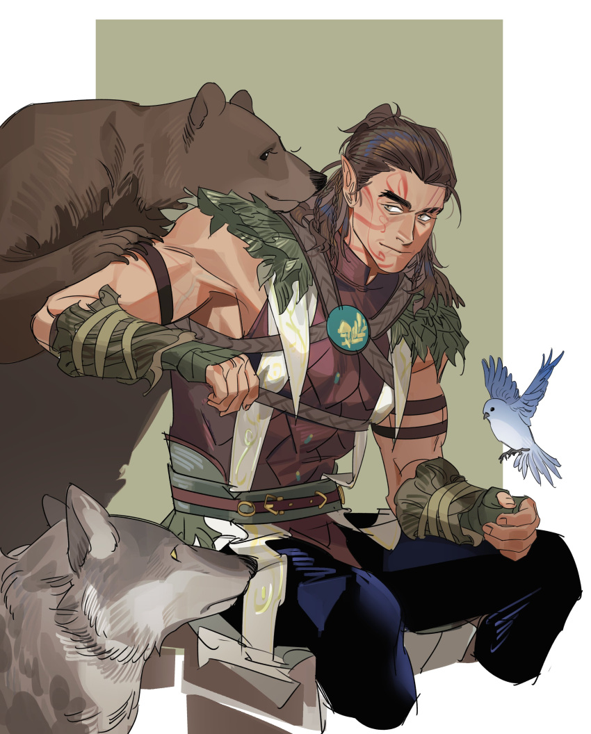 1boy absurdres affectionate animal baldur's_gate baldur's_gate_3 bear bird brown_hair cropped_legs dark-skinned_male dark_skin dungeons_and_dragons elf greensalad350 halsin highres light_smile looking_at_animal male_focus mature_male medium_hair muscular muscular_male outstretched_arm pectorals pointy_ears sidepec sitting smile solo thick_eyebrows veins veiny_arms wolf