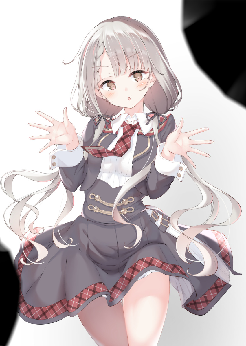 1girl absurdres black_jacket black_ribbon black_skirt black_umbrella blurry blurry_foreground blush bow breasts cowboy_shot dot_nose grey_hair hair_bow hair_ribbon hands_up highres hisakawa_nagi idolmaster idolmaster_cinderella_girls idolmaster_cinderella_girls_starlight_stage jacket long_hair long_sleeves looking_at_viewer low_twintails necktie open_clothes open_hands open_jacket open_mouth plaid_necktie plaid_trim pleated_skirt red_necktie ribbon shirt skirt small_breasts solo standing twintails ukiwakisen umbrella v-shaped_eyebrows very_long_hair white_background white_shirt