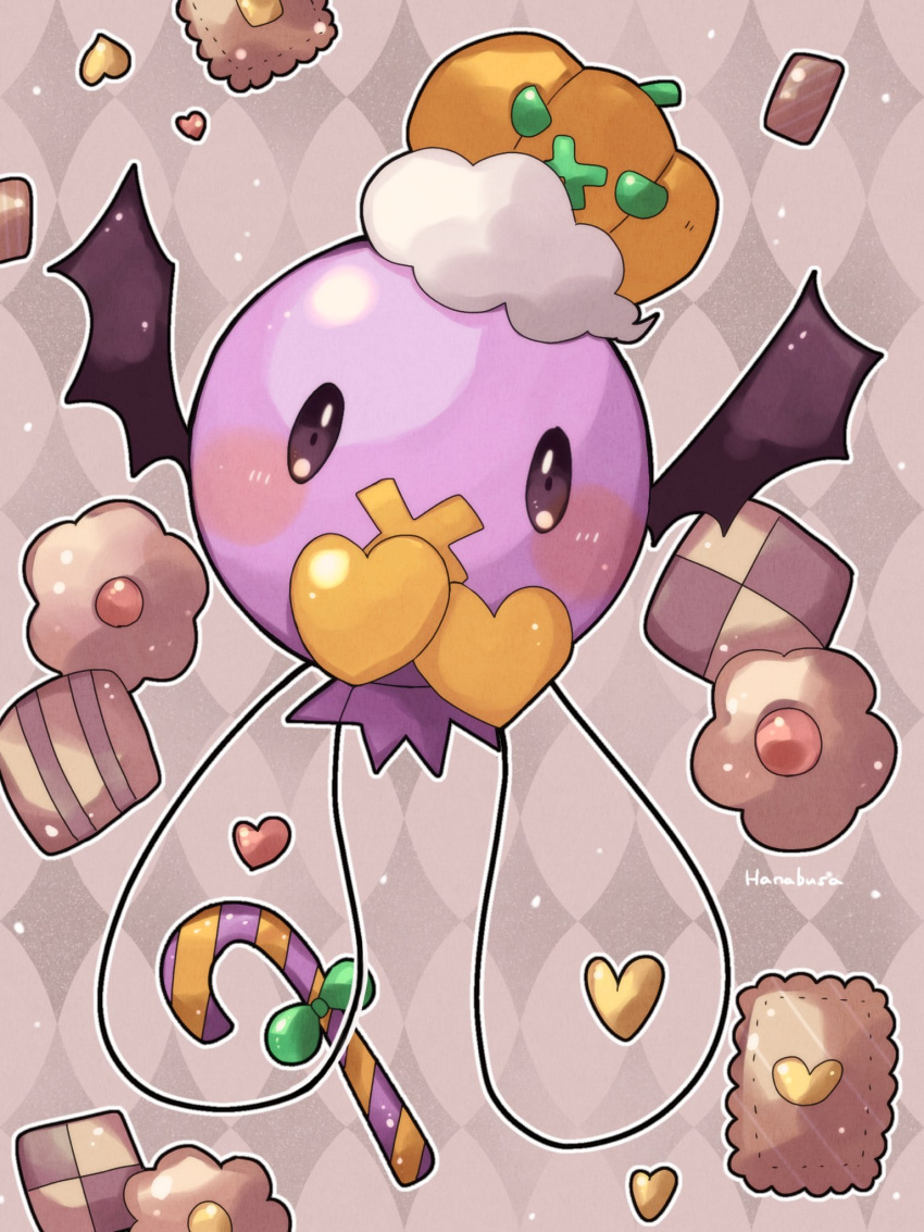 animal_focus argyle argyle_background artist_name brown_background candy candy_cane chocolate colored_skin commentary_request cookie drifloon food halloween_costume hanabusaoekaki heart highres jack-o'-lantern no_humans pokemon pokemon_(creature) purple_skin solid_oval_eyes
