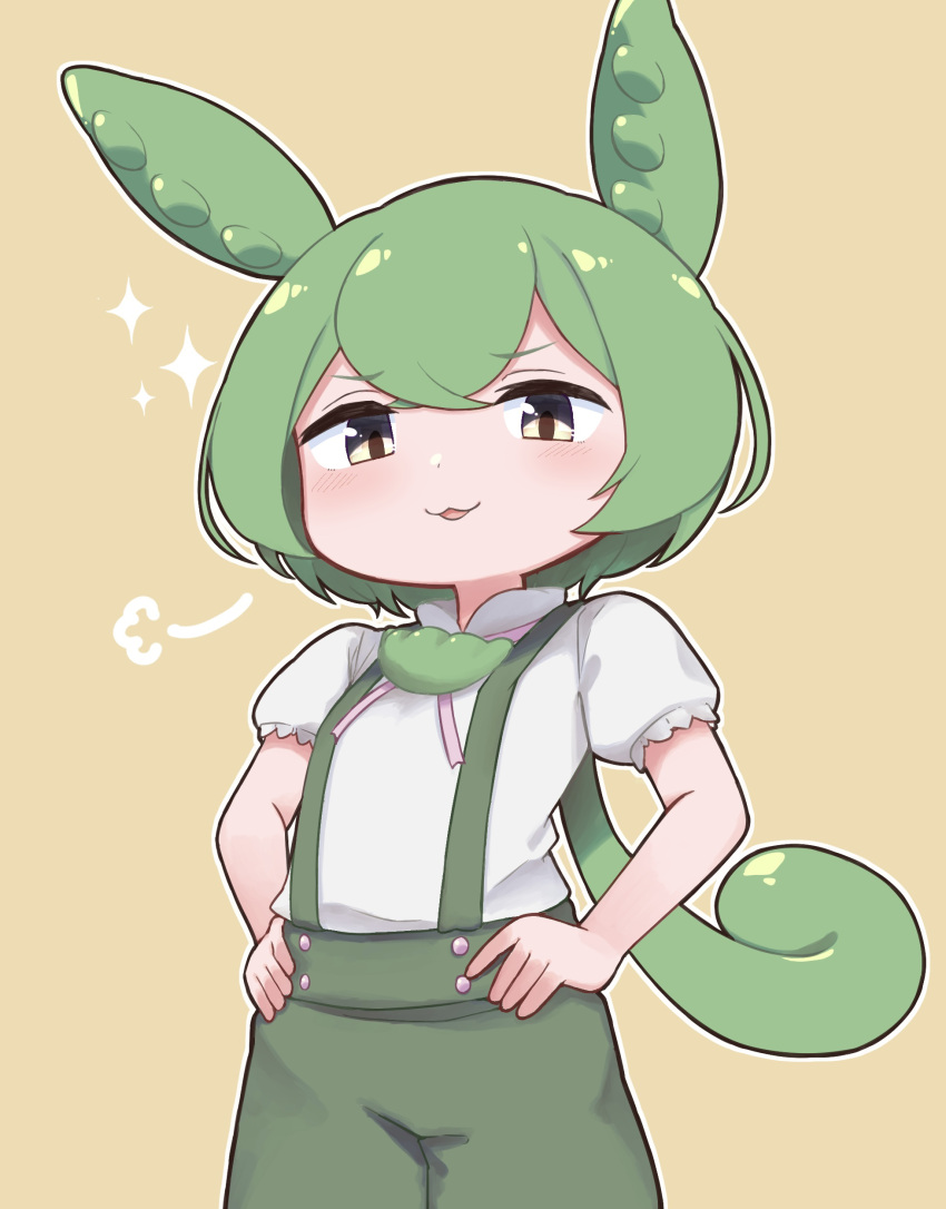 :3 =3 absurdres animal_ears breasts brown_background collared_shirt commentary double-parted_bangs from_below furrowed_brow green_brooch green_shorts half-closed_eyes hands_on_own_hips highres light_blush looking_down low_ponytail open_mouth outline pea_pod ponytail puffy_short_sleeves puffy_sleeves shirt short_hair short_sleeves shorts simple_background small_breasts smug sparkle suspender_shorts suspenders tokimotoinui voicevox white_outline white_shirt yellow_eyes zundamon