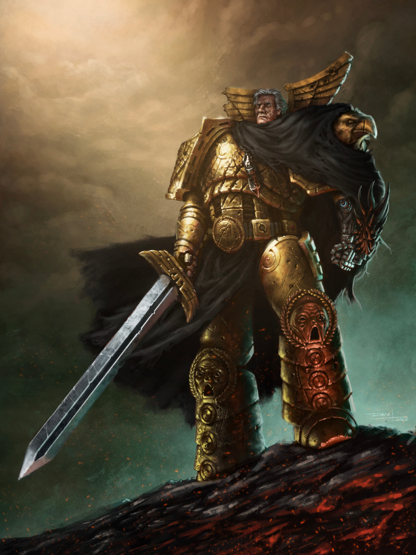 absurdres alternate_hair_length alternate_hairstyle alternate_universe armor armored_boots artist_name bird black_cape boots breastplate broken_armor bullet_hole cape cataracts closed_mouth clouds cloudy_sky commentary couter crystal cuirass damaged danielrosa eagle embers english_commentary gauntlets gold_armor greaves grey_armor grey_hair highres holding holding_sword holding_weapon imperial_fists jewelry leg_armor looking_up medium_hair necklace outdoors partially_blind pauldrons pelvic_curtain photoshop_(medium) poleyn power_armor primarch procreate_(medium) prosthesis prosthetic_hand rerebrace rogal_dorn scar scratches shoulder_armor sky standing standing_on_rock sword torn_clothes warhammer_40k weapon