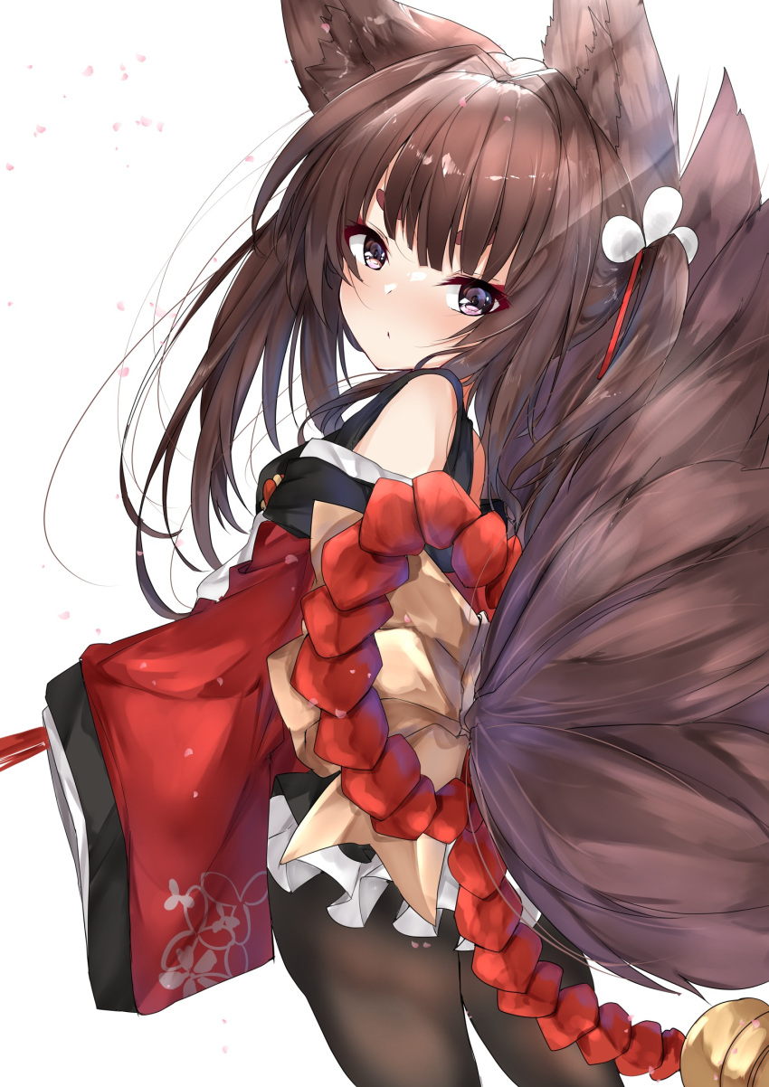 1girl amagi-chan_(azur_lane) amagi_(azur_lane) animal_ear_fluff animal_ears azur_lane black_pantyhose brown_eyes brown_hair expressionless fox_ears fox_girl fox_tail from_behind highres japanese_clothes kimono long_hair looking_at_viewer looking_back multiple_tails mutou_mame off_shoulder pantyhose red_kimono short_kimono sleeves_past_wrists solo tail thighs two_side_up