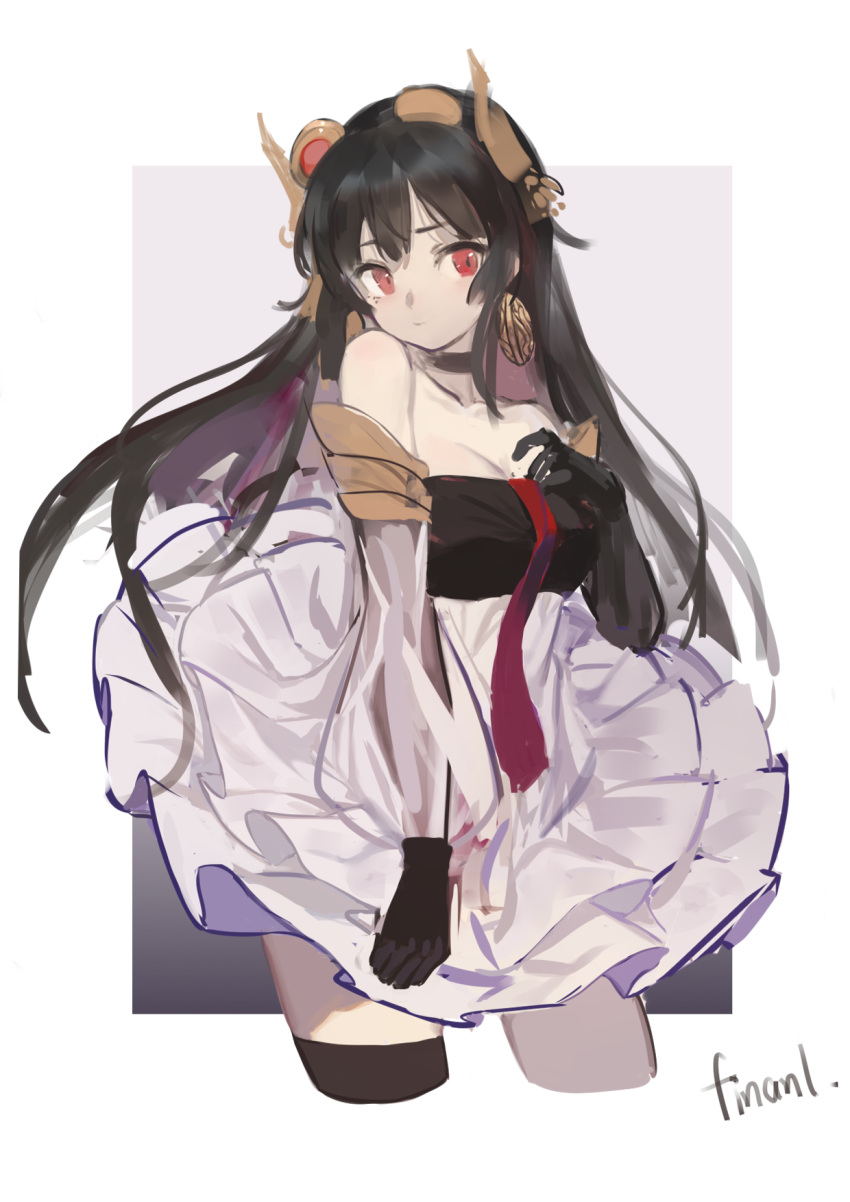 1girl artist_name bare_shoulders black_choker black_gloves black_hair black_thighhighs china_dress chinese_clothes choker detached_sleeves dress earrings elbow_gloves fake_horns finanl gloves gold_horns grey_pantyhose highres horns jewelry long_hair lucia:_plume_(punishing:_gray_raven) lucia_(punishing:_gray_raven) pantyhose punishing:_gray_raven red_eyes see-through single_leg_pantyhose single_thighhigh solo thigh-highs very_long_hair white_dress