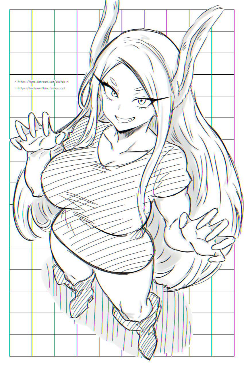 1girl animal_ears boku_no_hero_academia boots breasts claw_pose collarbone fanbox_username from_above full_body grid_background guchapin hands_up highres large_breasts leggings long_eyelashes long_hair looking_at_viewer mirko monochrome parted_bangs patreon_username rabbit_ears rabbit_girl shirt sketch smile solo very_long_hair white_hair