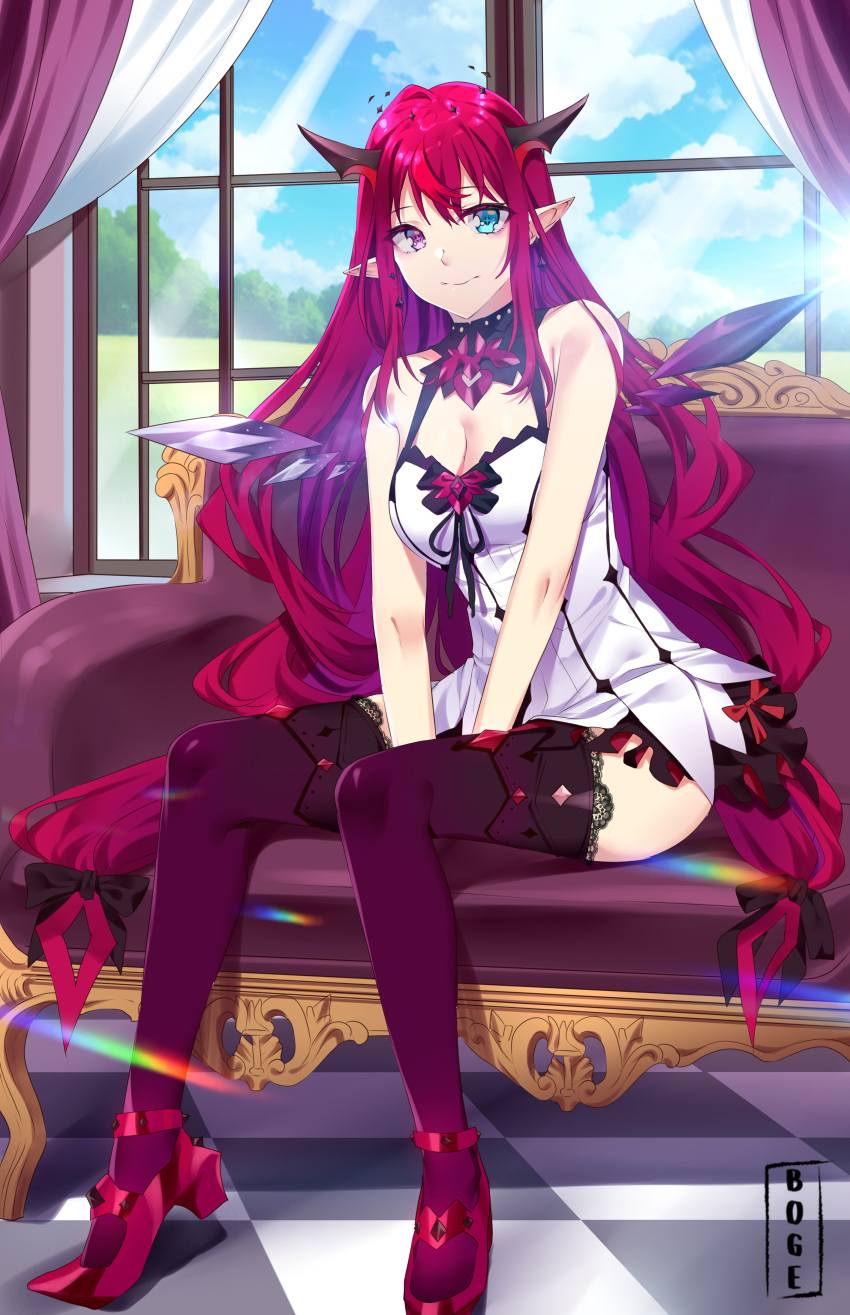 abiboge absurdres blue_eyes breasts detached_collar dress earrings halo heterochromia high_heels highres hololive hololive_english horns irys_(hololive) irys_(irys_2.0)_(hololive) jewelry long_hair multicolored_hair pointy_ears purple_hair red_eyes red_footwear redhead shoes smile sunlight thigh-highs wings