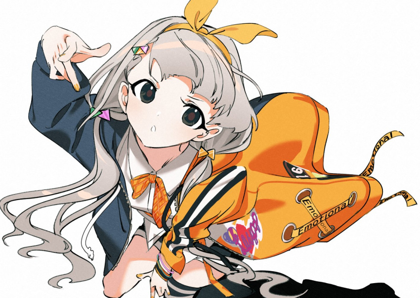 1girl arm_up black_shorts black_thighhighs blush bow bowtie braid braided_bangs breasts brown_eyes cropped_legs dot_nose from_above grey_hair hair_bow hair_ornament hairband hisakawa_nagi idolmaster idolmaster_cinderella_girls idolmaster_cinderella_girls_starlight_stage jacket long_hair long_sleeves looking_at_viewer low_twintails multicolored_clothes multicolored_jacket multiple_bracelets nail_polish open_clothes open_jacket open_mouth orange_bow orange_bowtie orange_nails orange_ribbon ribbon shadow shirt shorts simple_background single_thighhigh small_breasts solo striped striped_thighhighs thigh-highs twintails two-tone_jacket two-tone_ribbon very_long_hair white_background white_shirt wwwrkgk yellow_hairband zipper