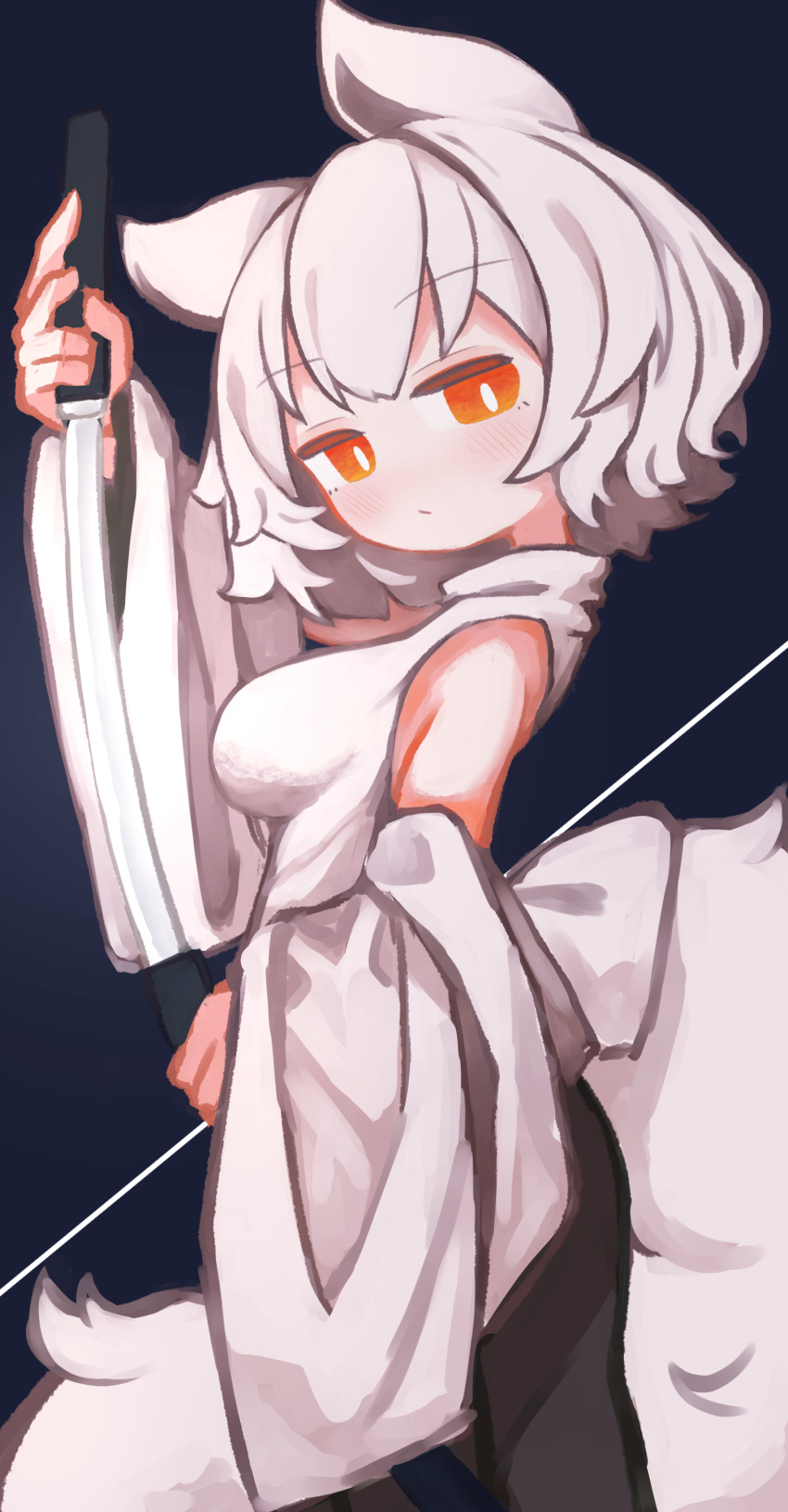 1girl absurdres animal_ears black_background breasts chii_(tsumami_tsumamare) closed_mouth commentary detached_sleeves from_side highres holding holding_sword holding_weapon inubashiri_momiji large_breasts looking_at_viewer orange_eyes short_hair simple_background solo sword tail touhou weapon white_hair wide_sleeves wolf_ears wolf_girl wolf_tail