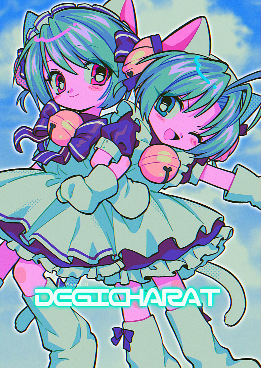 2girls animal_ears animal_hat bell blue_ribbon blush_stickers bow cat_ears cat_hat cat_tail closed_mouth copyright_name dejiko di_gi_charat dual_persona footwear_bow green_eyes green_hair hat highres locked_arms maid_headdress menma_(enaic31) mittens multiple_girls neck_bell open_mouth pink_hair ribbon short_sleeves smile tail white_footwear white_mittens white_ribbon