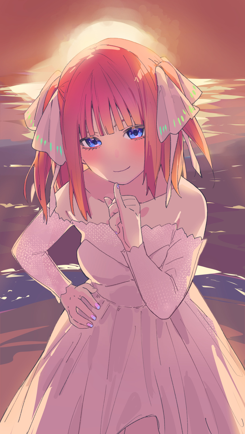 1girl absurdres bare_shoulders blue_eyes blue_nails butterfly_hair_ornament collarbone dress evening go-toubun_no_hanayome gradient_nails hair_ornament hand_on_own_hip highres leaning_forward medium_hair multicolored_nails nail_polish nakano_nino ocean outdoors pinky_out purple_nails redhead solo standing strapless strapless_dress sun two-tone_nails two_side_up v-shaped_eyebrows valentine_(02140314c) wedding_dress