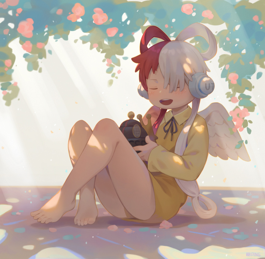 1girl absurdres barefoot behind-the-head_headphones black_ribbon blush closed_eyes den_den_mushi dress hair_over_one_eye hair_rings headphones highres holding light_rays long_hair mismatched_wings multicolored_hair on_floor one_eye_covered one_piece open_mouth plant redhead ribbon seamonsterping sitting smile solo split-color_hair two-tone_hair uta_(one_piece) white_hair yellow_dress