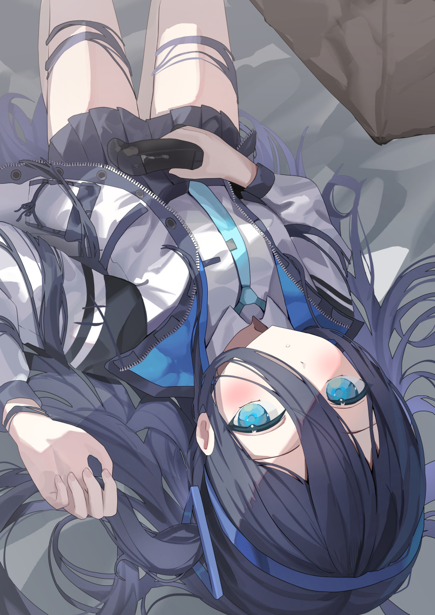 1girl absurdres aris_(blue_archive) bed_sheet black_hair black_skirt blue_archive blue_eyes blue_hairband blue_necktie blush collared_shirt commentary controller game_controller guree_(haiiro) hair_between_eyes hair_spread_out hairband highres holding holding_controller holding_game_controller jacket knees_up long_bangs long_hair long_sleeves looking_at_viewer lying necktie open_clothes open_jacket pleated_skirt shirt skirt solo thighs upside-down very_long_hair white_jacket white_shirt