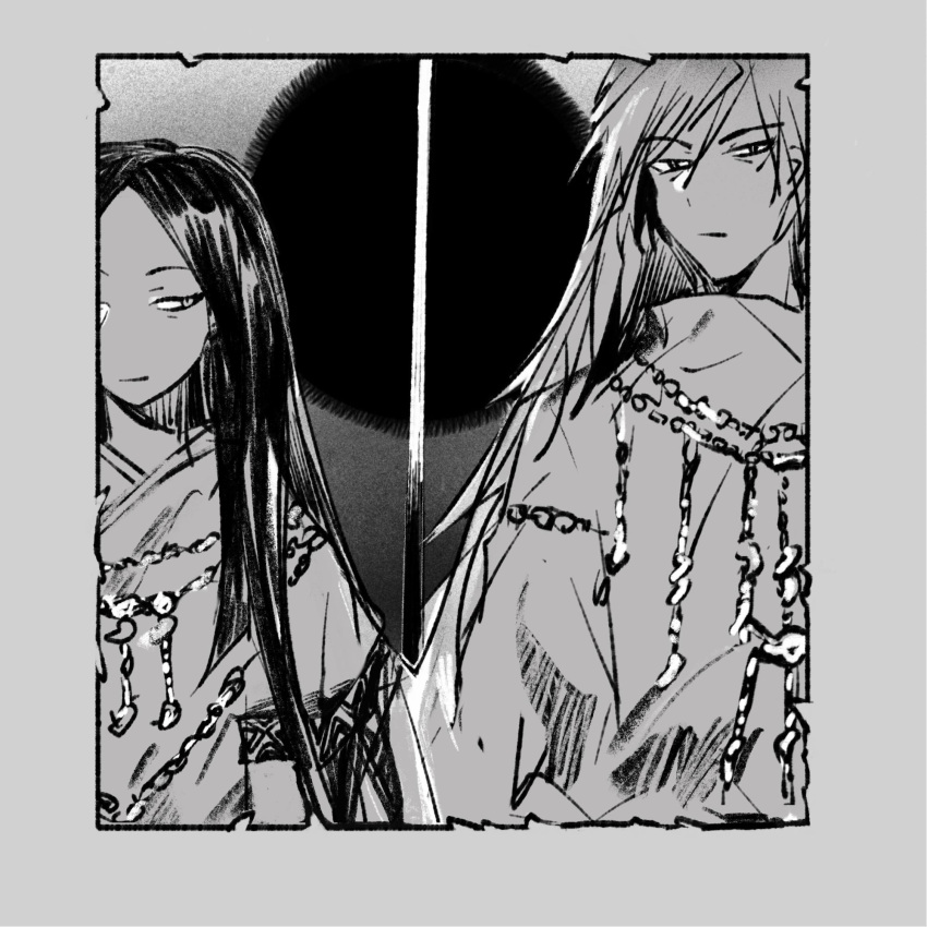 2girls check_gender closed_mouth cocopalm frown greyscale hair_over_shoulder half-closed_eyes highres japanese_clothes jewelry kimono long_hair long_sleeves looking_at_viewer magatama magatama_necklace monochrome multiple_girls necklace original smile straight-on straight_hair turtleneck upper_body