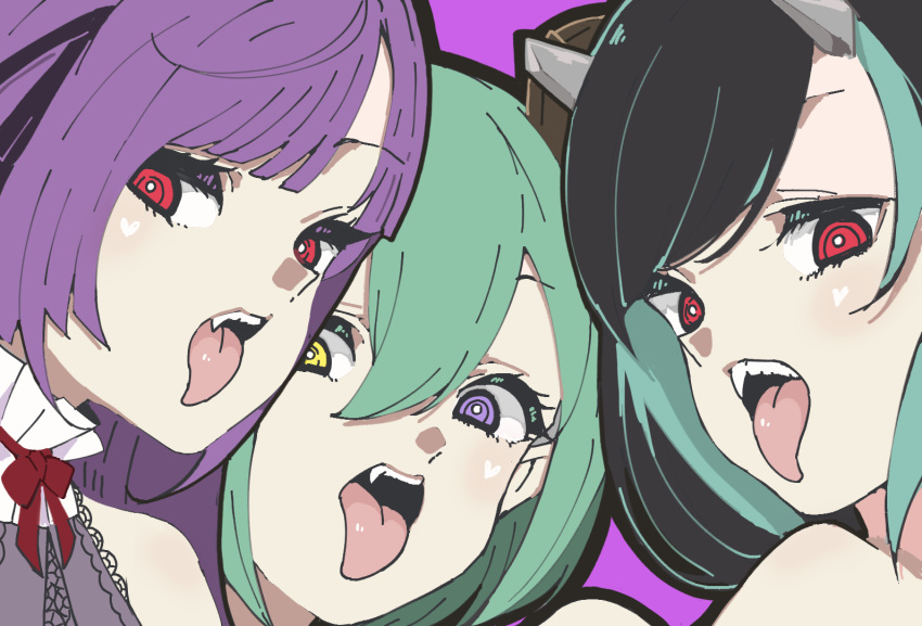 3girls black_outline blunt_bangs bow bowtie brown_horns commentary_request demon_girl demon_horns facial_mark fang grey_horns hair_between_eyes heart heart_facial_mark heterochromia horns long_bangs long_hair looking_at_viewer medium_bangs multiple_girls nanashi_inc. open_mouth outline panyatteria purple_background red_bow red_bowtie red_eyes sekishiro_mico shishio_chris shisui_kiki short_hair simple_background teeth tongue tongue_out upper_body upper_teeth_only violet_eyes virtual_youtuber yellow_eyes