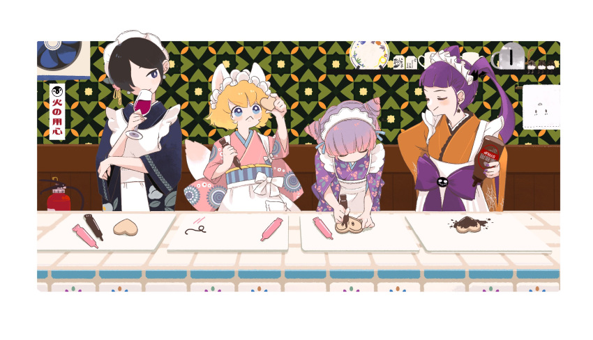 4girls :&lt; alcohol animal_ears apron arm_up black_hair blonde_hair blue_eyes blue_kimono border bottle bow cat_ears cat_tail chocolate_syrup commentary_request cone_hair_bun counter cup cutting_board double_bun drinking_glass ears_up euca_(recita) facing_another food food_writing gradient_hair hacchi's_mahou_shoujo_minky_pinky hair_bun heart-shaped_cookie highres holding holding_bottle holding_cup holding_food indoors inspecting japanese_clothes kimono lineup looking_at_food mahou_shoujo_minky_pinky maid maid_headdress multicolored_hair multiple_girls napoli_no_otokotachi obi orange_kimono pele_(napoli_no_otokotachi) pink_hair pink_kimono purple_bow purple_hair purple_kimono purple_nails sash shiyumi_(napoli_no_otokotachi) short_hair sleeves_rolled_up smirk smug standing tail tail_raised tasuki translation_request twintails v-shaped_eyebrows wa_maid waist_apron waist_bow wallpaper_(object) white_border white_bow wide_sleeves wine wine_glass