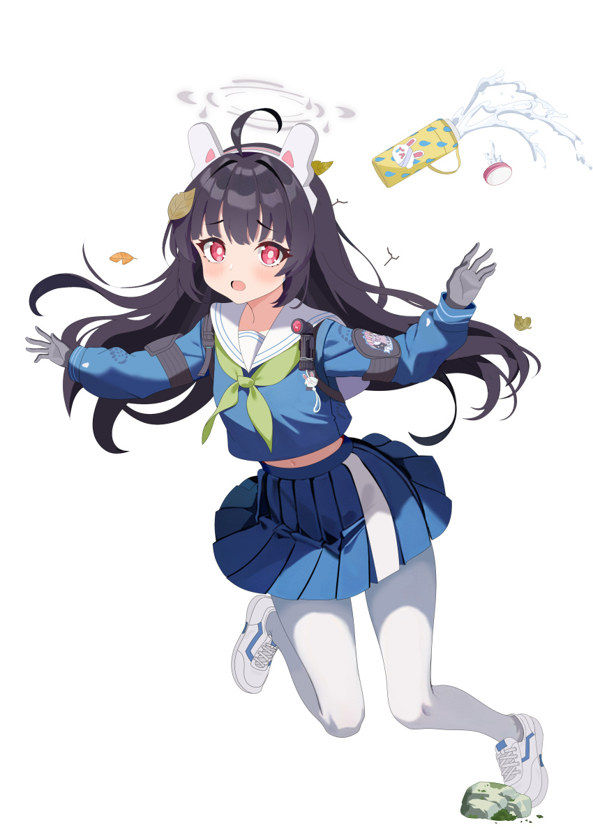 1girl absurdres ahoge animal_ears armband baozi_9527 black_armband black_hair blue_archive blue_shirt blue_skirt blush bright_pupils cropped_shirt cross-laced_footwear fake_animal_ears falling floating_hair full_body gloves grey_gloves grey_halo hair_intakes halo highres long_sleeves looking_at_viewer midriff_peek miyu_(blue_archive) navel open_mouth pantyhose pleated_skirt puffy_long_sleeves puffy_sleeves rabbit_ears red_eyes sailor_collar shirt shoes simple_background skirt white_background white_footwear white_pantyhose white_pupils white_sailor_collar