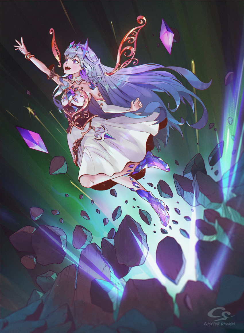 1girl artist_name bracelet breasts chest_jewel chester_shinoda circlet commentary crystal crystal_horn dress english_commentary explosion flying gem gem_hair_ornament highres hololive hololive_english jewelry koseki_bijou long_hair metal_wings multicolored_hair open_mouth purple_gemstone rock shirt signature single_arm_guard small_breasts solo violet_eyes virtual_youtuber white_bridal_gauntlets white_dress white_shirt