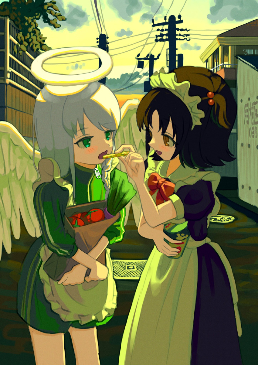 2girls angel angel_wings apron bag black_dress bow bowtie bronya_zaychik brown_eyes clouds cloudy_sky cowboy_shot day double_vertical_stripe dress eating feathered_wings feeding food frilled_apron frills green_eyes green_jumpsuit grey_hair hair_bobbles hair_ornament halo hand_up highres holding holding_bag holding_food house jumpsuit kagenoyuhi leaning_forward long_hair looking_at_another maid_apron maid_headdress medium_hair multiple_girls open_mouth original outdoors paper_bag power_lines red_bow red_bowtie short_jumpsuit short_sleeves sky sleeves_past_elbows spread_wings standing straight_hair tomato two_side_up utility_pole white_apron white_wings wings zipper_pull_tab