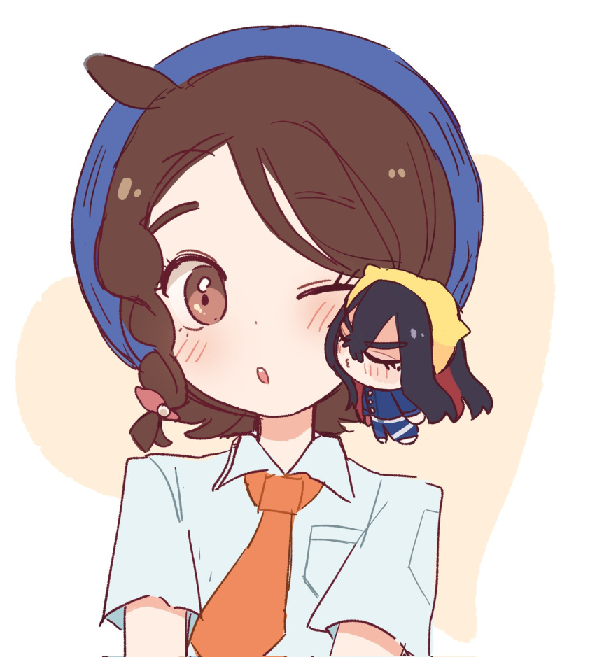 2girls :o ;o black_hair blue_hat blue_jacket blue_pants blueberry_academy_school_uniform blush braid brown_eyes brown_hair carmine_(pokemon) chibi closed_eyes collared_shirt commentary_request crossed_bangs dongtae_p gloves hair_between_eyes hair_ornament hairband hairclip hat highres imminent_kiss jacket juliana_(pokemon) long_hair long_sleeves mole mole_under_eye multicolored_hair multiple_girls naranja_academy_school_uniform necktie one_eye_closed open_mouth orange_necktie pants pokemon pokemon_scarlet_and_violet puckered_lips red_gloves red_hair school_uniform shirt short_hair short_sleeves single_braid single_glove two-tone_hair white_shirt yellow_hairband yuri